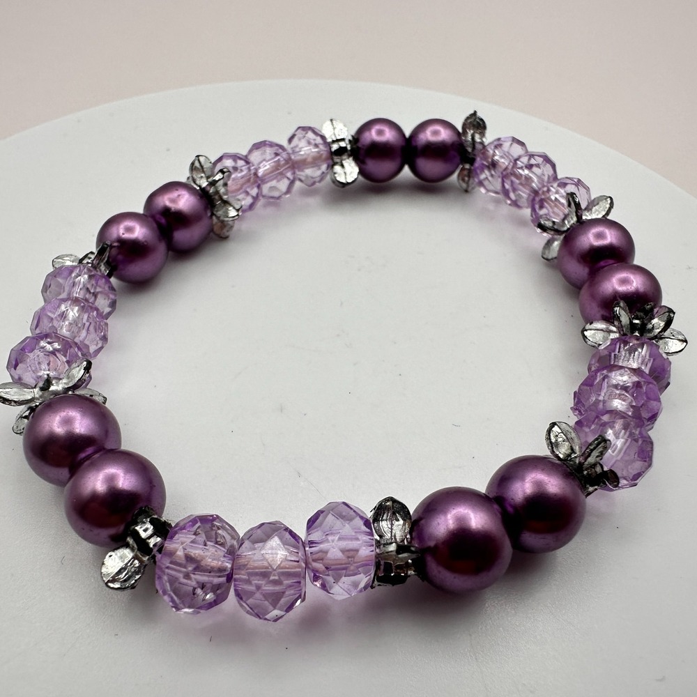 Vintage 90s Purple Pearl & Glass Bead Stretch Bracelet Boho Fashion Jewelry Boho